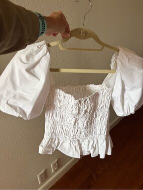 ASRV White Smocked Puff-Sleeve Square Neck Top